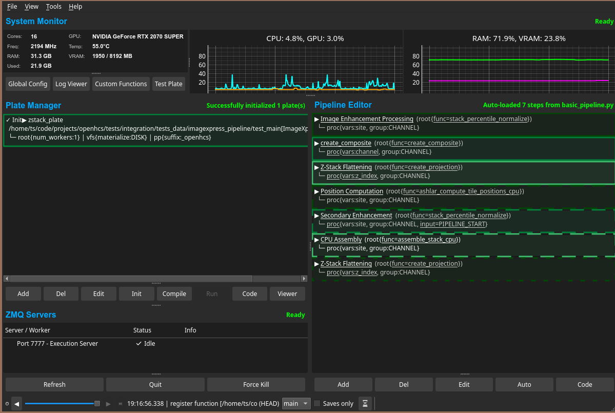 OpenHCS desktop interface showing plate management and a visual processing pipeline
